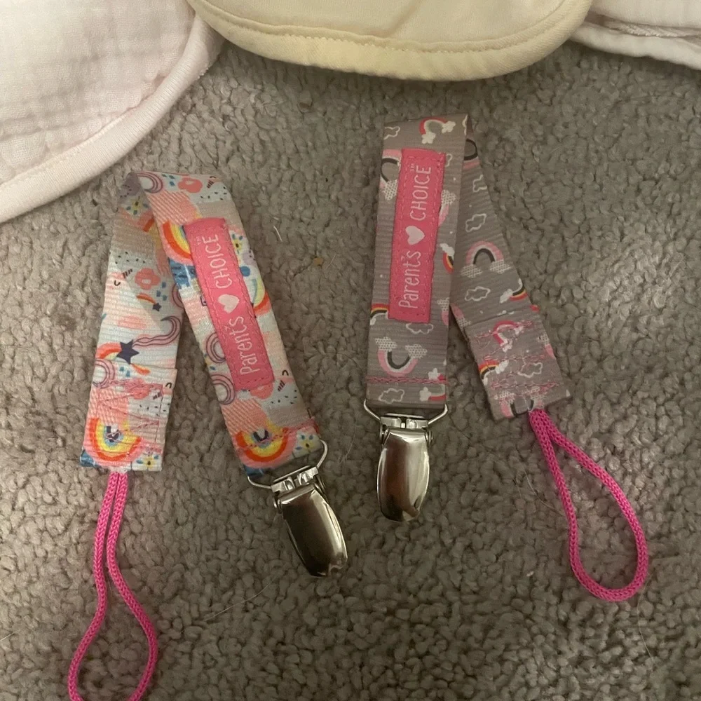 Adorable Kids Bib and Pacifier Clip Set - Cream, Pink, and Beige